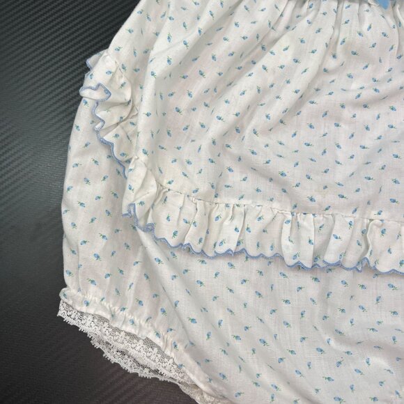 VTG Nannette Infant Girl Ruffle Romper One Piece Size L Made in USA Blue White - Picture 4 of 14